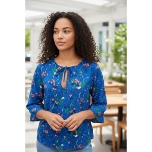 GAP Blue Floral Blouse with Keyhole Neckline